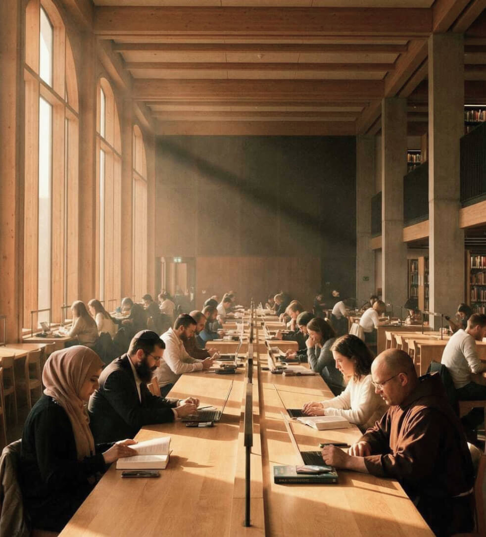 Diverse people studying together in a sunlit library — going deeper together