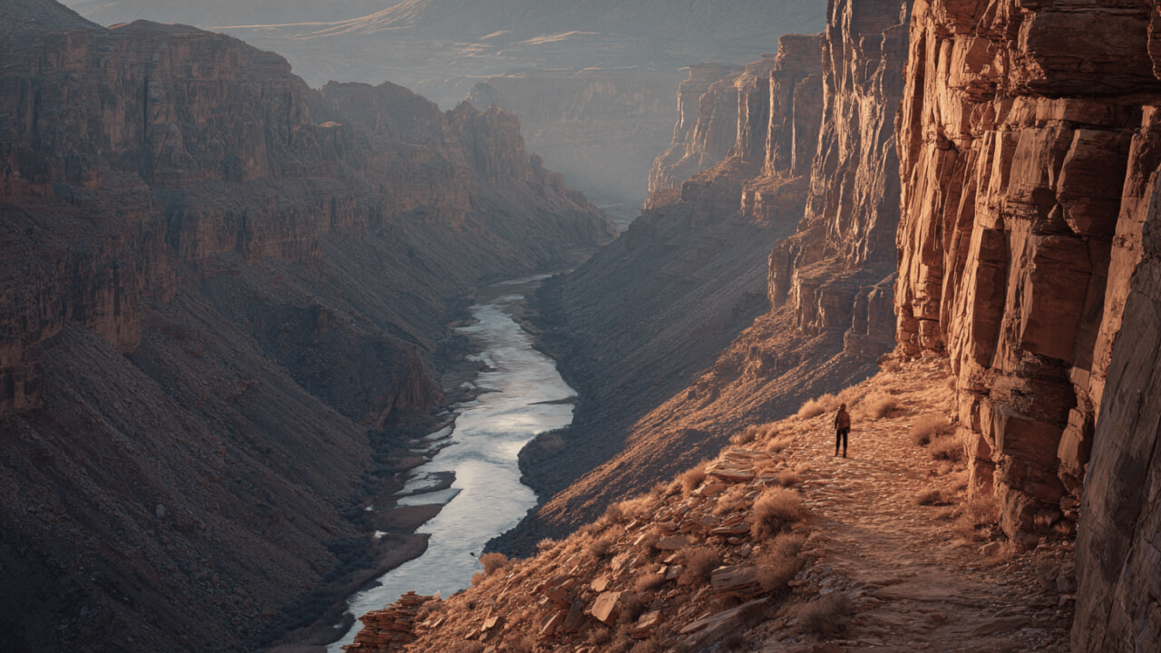 Deep canyon with geological strata and a lone figure — honoring the depth of things