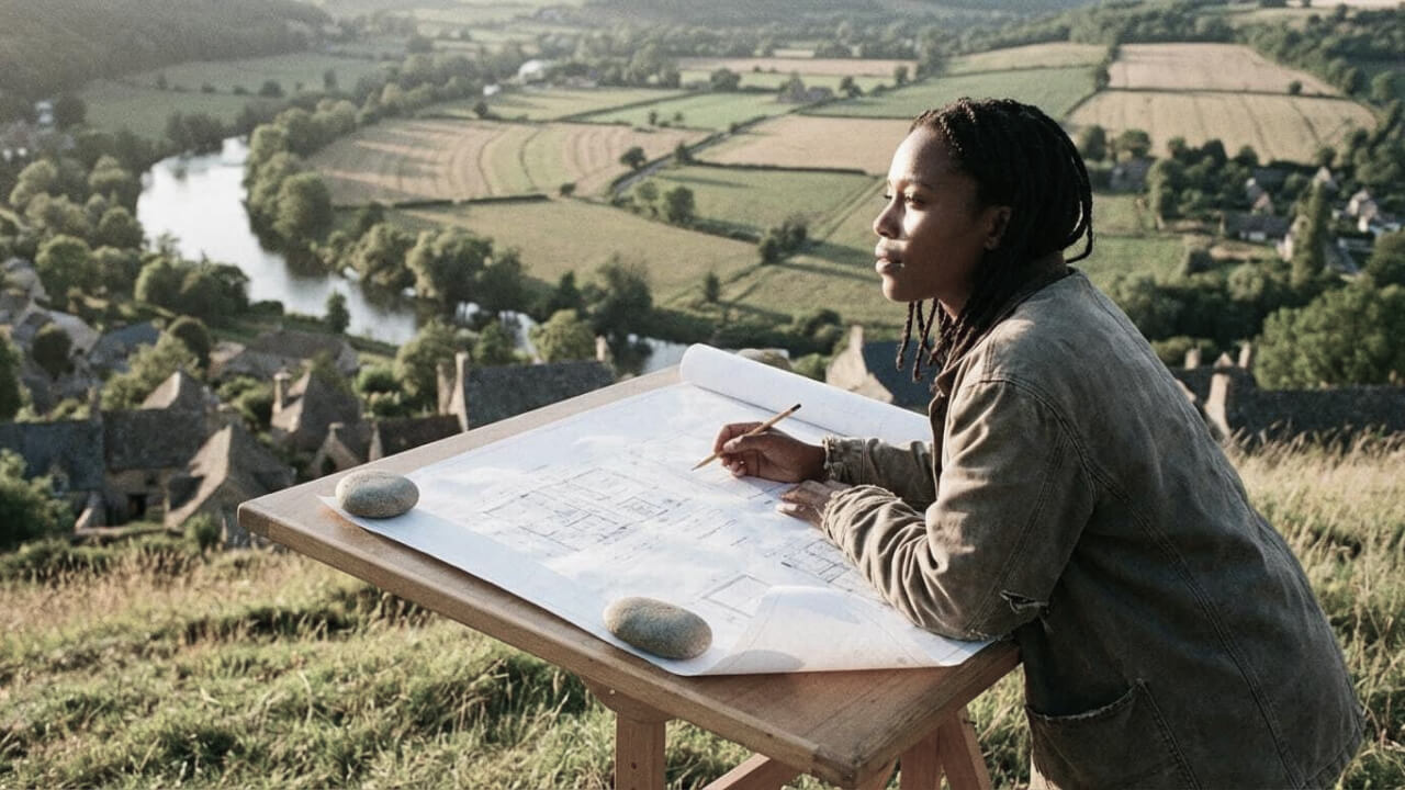 Woman drafting plans overlooking a green valley — acting for flourishing