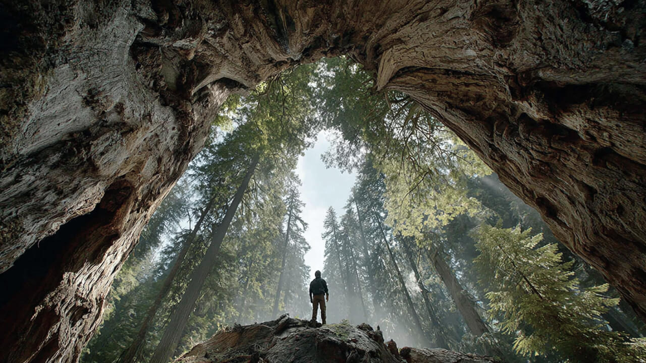 Person standing inside a giant ancient tree, gazing at the forest — tending the living world